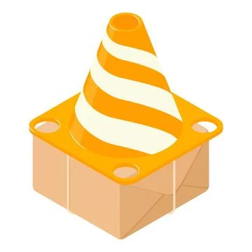 Striped cone icon isometric vector. Striped yellow fire cone and postal parcel 스톡 일러스트