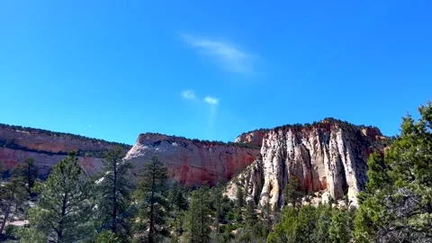 Striped cream and red cliffs rise above pine forest under bright blue sky Video stock 305569765