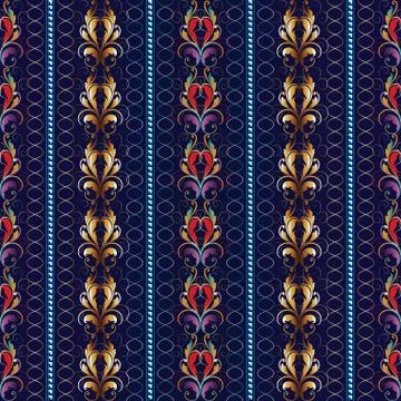 Striped damask seamless border pattern.  Vintage baroque floral ornaments. Mo Stock Illustration