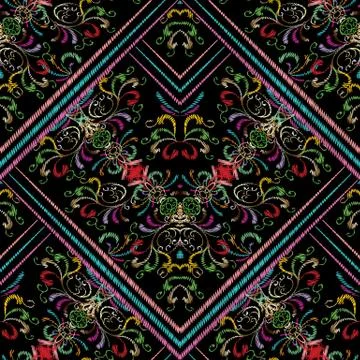 Striped embroidery Baroque seamless pattern. Embroidery floral background Illustrazione stock