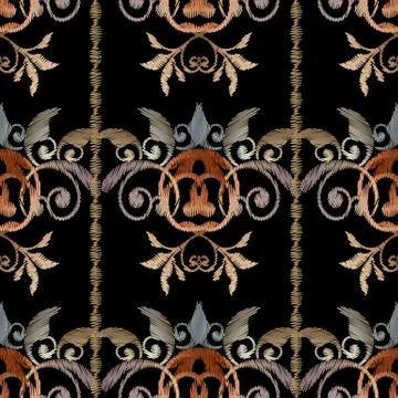 Striped embroidery baroque seamless pattern. Damask tapestry bac 스톡 일러스트