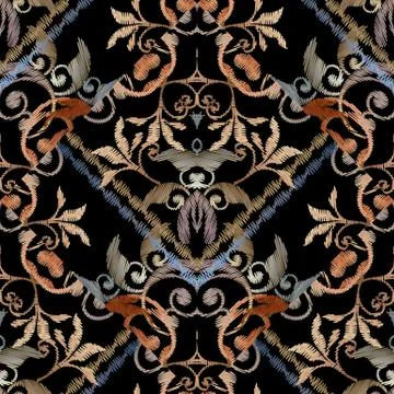 Striped embroidery baroque seamless pattern. Damask tapestry bac Illustrazione stock