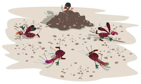 Striped evil cockroaches attack small ants in an anthill. The scene of the ba Stock Illustration