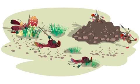 Striped evil cockroaches attack small ants in an anthill. A scene with a figh Stock Illustration