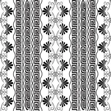 Striped floral seamless border pattern. White vector geometric background. Ab Illustrazione stock