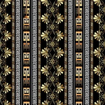 Striped floral seamless border pattern. Black vector geometric background. Ab Illustrazione stock