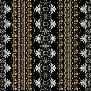 Striped floral seamless border pattern. Black vector geometric background. Ab Stock Illustration