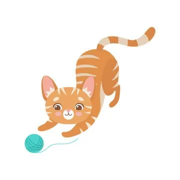 Striped Funny Red Cat Playing with Ball of Yarn, Cute Kitten Animal Pet Stock Illustration