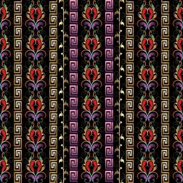 Striped geometric seamless border pattern. 3d greek key. Vintage baroque dama Illustrazione stock