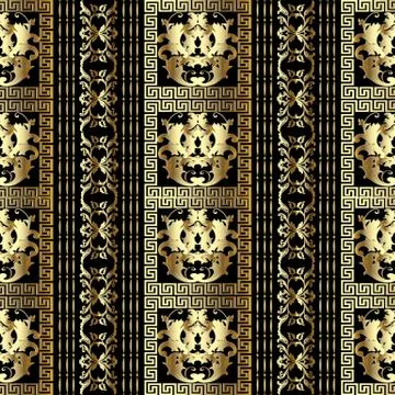 Striped gold Baroque seamless pattern. Floral black background with golden 3d Stock Illustration