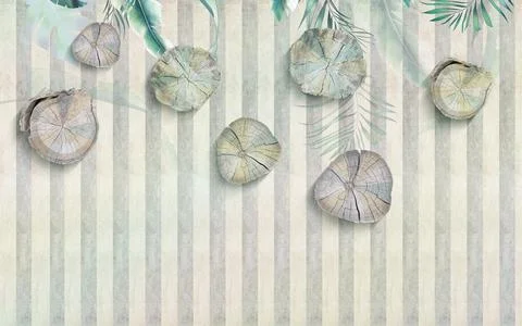 Striped grunge background, cross cuts of wood and green tropical leaves Stock Illustration