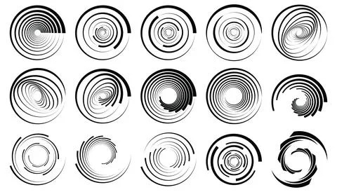 Striped halftone round elements, twisters, halftone circular textures with .. Illustrazione stock