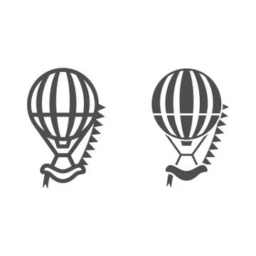 Striped hot air balloon with flags line and solid icon, Balloons festival Stock Illustration
