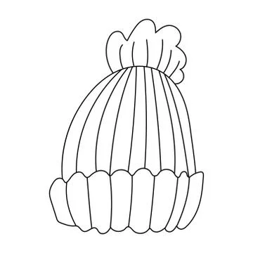 Striped knitted hat with a pompom in doodle sketch style. Stock Illustration