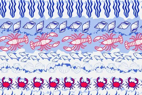 Striped marine pattern with repeating rows of seaweed, shells, lobsters, fish Illustrazione stock