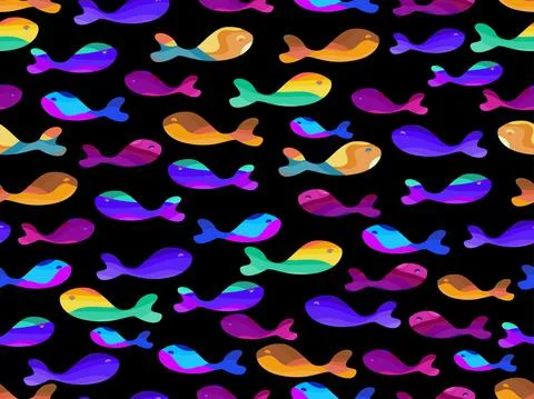 Striped multi colored fish seamless pattern. Beautiful bright fish on a black 스톡 일러스트