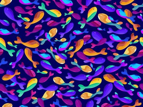 Striped multi colored fish seamless pattern. Beautiful bright fish on a dark  스톡 일러스트