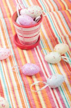 Striped napkin and easter eggs 写真素材