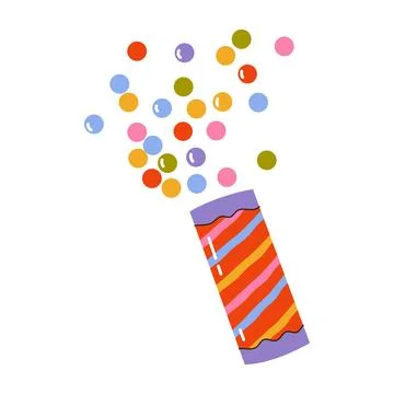 Striped party cracker exploding colorful confetti dots for festive celebratio Stock Illustration