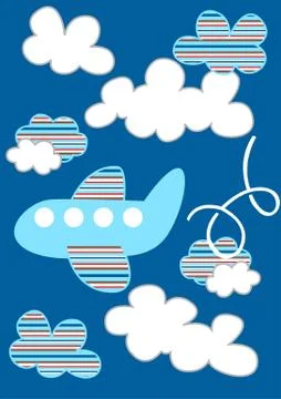Striped passenger plane flying through the clouds Stock Illustration