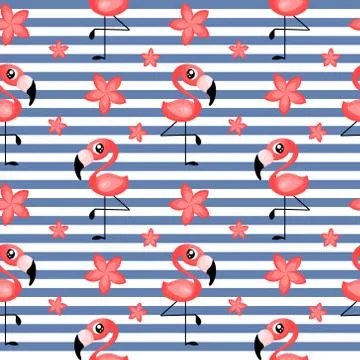 Striped pattern with cute flamingo and plumeria Stock Illustration