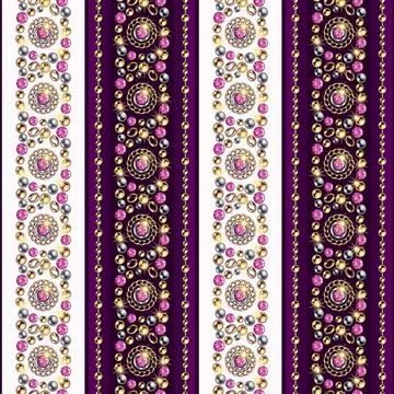 Striped pattern with jewelry elements, gold, silver beads, chains, pink gems Stock Illustration
