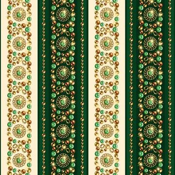 Striped pattern with precious jewelry elements, beads, chains, green gems Illustrazione stock