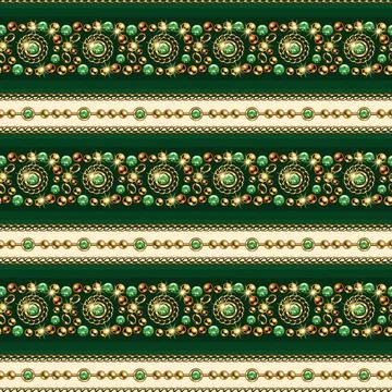 Striped pattern with precious jewelry elements, beads, chains, green gems 스톡 일러스트