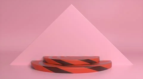Striped podium on a pink abstract triangular background. Blank showcase mocku Stock Illustration