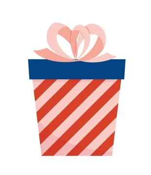 Striped present box with pink bow. Christmas red pink gift. Flat, cartoon Stock Illustration