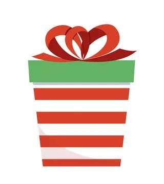 Striped present box with red bow. Christmas red white gift. Flat, cartoon Stock Illustration