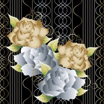 Striped roses seamless pattern. Vector floral background. Vertic 스톡 일러스트