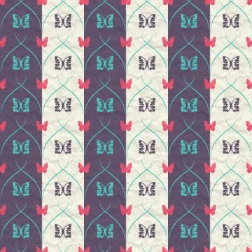 Striped seamless pattern with butterflies and vertical thick and thin obliq.. Stock Illustration