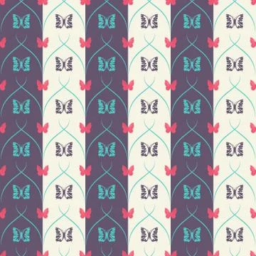 Striped seamless pattern with butterflies and vertical thick and thin obliq.. Stock Illustration