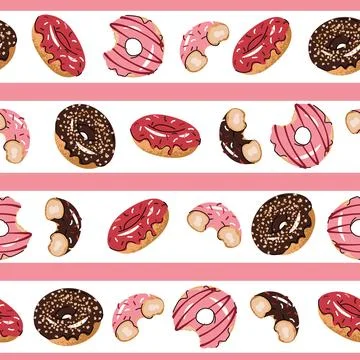 Striped Seamless pattern with glazed donuts. Repeating texture with delicio.. Stock Illustration