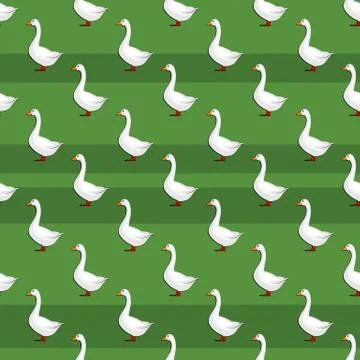 Striped seamless pattern with gooses isolated on green grass background. Farm Stock Illustration