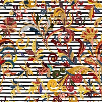 Striped seamless pattern. Hand draw floral wallpaper. Colorful ornamental border Stock Illustration