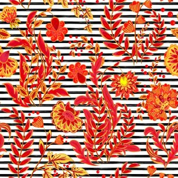 Striped seamless pattern. Hand draw floral wallpaper. Colorful ornamental border 스톡 일러스트