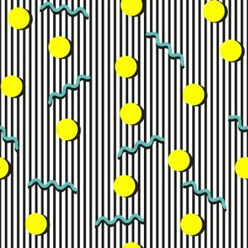 Striped seamless pattern with memphis style design elements 스톡 일러스트