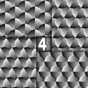 Striped Shells Black White Vector Seamless Pattern, Set of 4 Illustrazione stock
