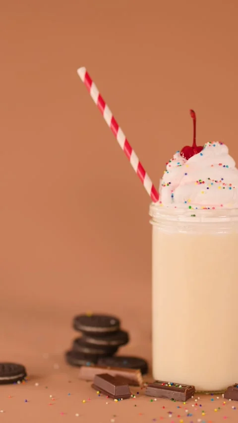 Striped Straw Dropping Into Creamy Vanilla Milkshake Dessert Stock Footage 323410564