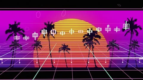 Striped sun emitting scan lines, driving 3D grid extending and HUD glyphs Stock Footage 335637245