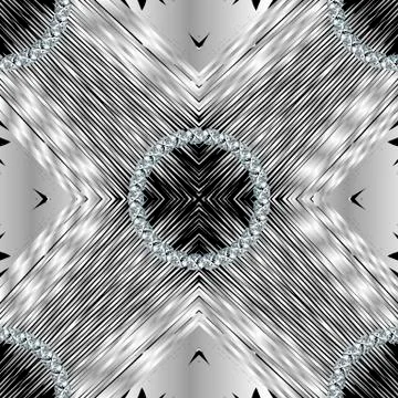 Striped textured silver 3d vector seamless pattern. Jewelry surface black and Stock Illustration