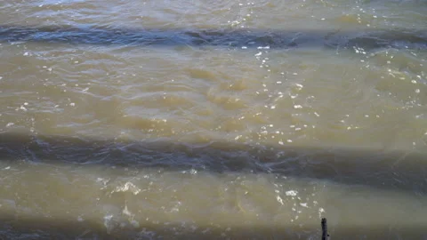 Striped tree shadows on the surface of a muddy river on a sunny day. Surreal Video stock 149437910