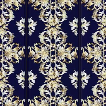 Striped vintage Baroque seamless pattern. Floral vector backgrou Stock Illustration