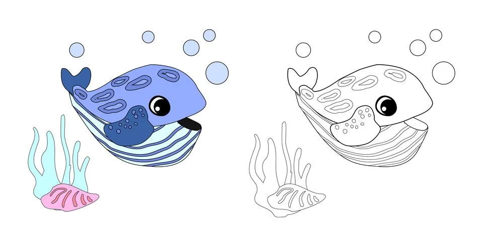 Striped whale with shells, bubbles and algae in the ocean. For posters, prints Illustrazione stock