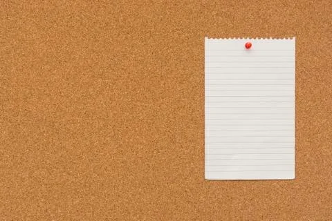 Stripped note paper swith push pins on cork board. Empty paper pages for note Stock Photos