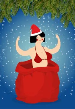 Stripper in red sack of Santa Claus. Adult New Year. Prostitute as gift. Cong Stock Illustration