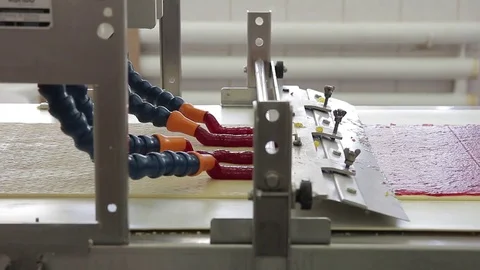 Strips with dough moving along conveyor belt in bakery indoors. Video stock 77446977