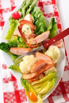 Strips of marinated meat on bed of vegetable salad Stock Photos